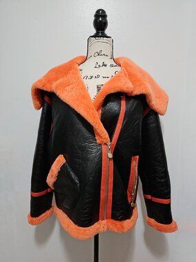 NewReal Sheepskin Shearling Lamb Fur Leather Moto Racer Biker Jacket BlackCarrot